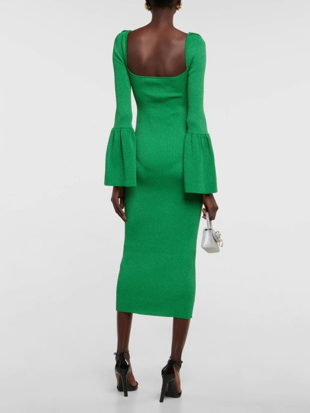 SELF PORTRAIT Cutout Ribbed Knit Lurex Midi Dress in Green Sz S - Picture 2 of 9